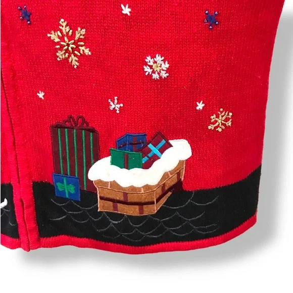 Planet & Company Womens Sz L Ugly Christmas Sweater Cardigan Santa Checking List - Picture 7 of 10